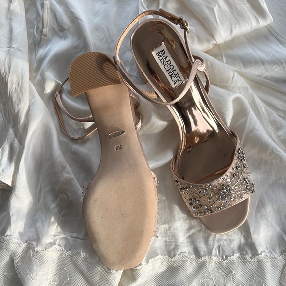 Badgley Mischka Blaine Embellished Block Heel Latte Satin - Picture 11 of 13